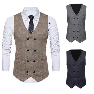 F: Men's Formal Tweed Double Breasted Slim Fit Waistcoat